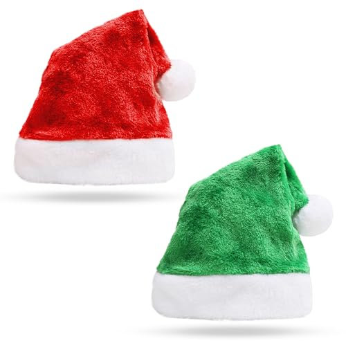 FUIPVGI 2 Stück Weihnachtsmützen,40 x 30 cm Rot Grüne Weihnachtsmütze für Erwachsene,Luxuriöse Weihnachtsmannmützen aus Plüsch Weihnachtsmütze, für Dekorationen Neujahrsparty Zubehör(2 Stück)