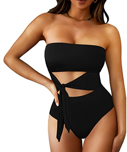 Pink Queen Damen Bandeau One Piece Badeanzug High Cut Bauchweg Abnehmbare Riemen Tie Waist Monokini Bademode Schwarz L