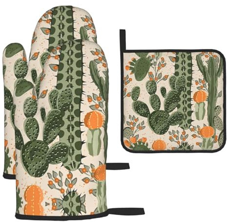 Set di 3 guanti da forno natalizi con cactus verde e presine, guanti da forno da cucina, guanti resistenti al calore