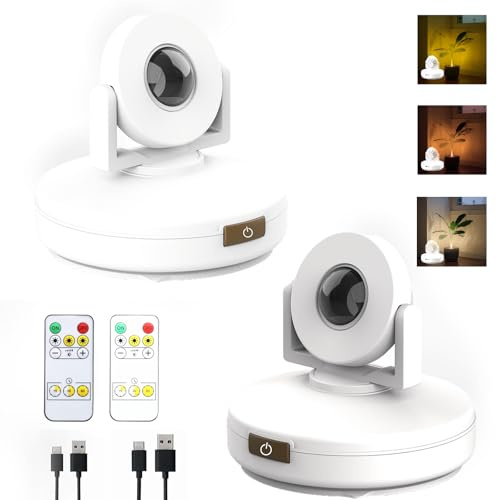 VIGMOJ Aufladbarer Spot Lampe LED mit Fernbedienung, Puck Licht Leselampe Timer, Batteriebetriebenes Bild Licht mit Drehendem Lichtkopf für Wandmalerei Dartboard, 2 Stück