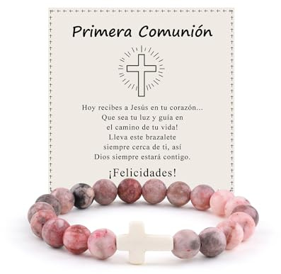 VGWON Bracelet Croix Fille Première Communion, Perles Pierre Naturelle Rose avec Croix Blanche, Cadeau Communion Fille 7-12 Ans, Bijou Chrétien Baptême Confirmation, Cadeau Inspirant pour Filles