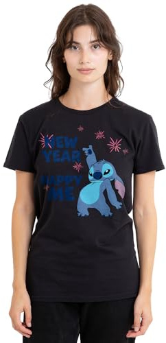Lilo and Stitch Lilo Stitch New Year, Happy Me Ladies T Shirt, Black Camiseta, Negro, XL para Mujer