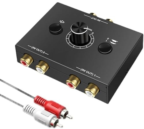 Optisch auf RCA Cinch Stereo Audio Switch 2(1)-In-1(2)-Out, Analog Stereo Audio Switcher mit Volume Control und RCA Kabel, Bidirektional Aux Selector Schalter Splitter Box für Computer/CD Player
