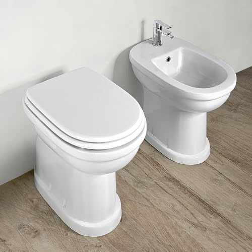 Coppia Di Sanitari Ideali Per Anziani Composto Da Water, Bidet In Ceramica Bianca E Copriwc In MDF Da H49 Cm