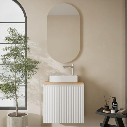 Planetmöbel Conjunto de Muebles de baño Lavabo con Mueble bajo | 56 x 55 x 30 cm blanco y roble dorado, espejo decorativo de pared para baño, 50,7 x 90,7 cm, sin marco, ovalado
