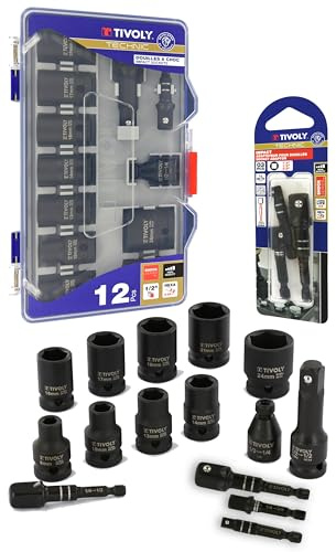 TIVOLY - Coffret Douilles à Choc 1/2 (9 pcs Ø 8-24 mm) + Rallonge & Adaptateurs + 3 Adaptateurs HEXA 6,35 mm pour Douilles 1/2 3/8 1/4
