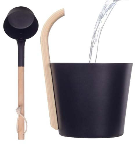 Aluminium Sauna Bucket with Ladle - 7 L Sauna Bucket - Bucket Set Sauna Bucket Diameter 23 cm Height 20.5 cm Total Height 35.5 cm with Wooden Handle