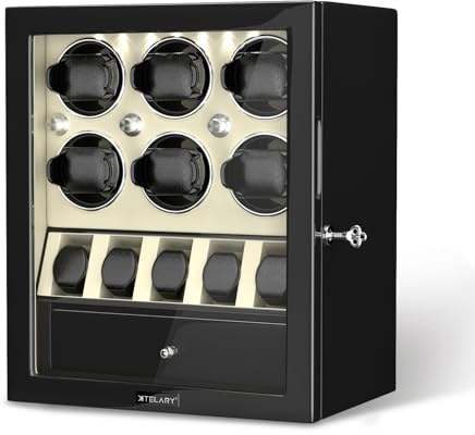 XTELARY Uhrenbeweger, Weiß Abschließbarer Uhrenbeweger für 6 mit 5 Speicherplätzen,Aufbewahrungsschublade, 4 Rotationsmodi,Weißes LED-Licht Superleiser Motor und Federuhrkissen für Herren und Damen