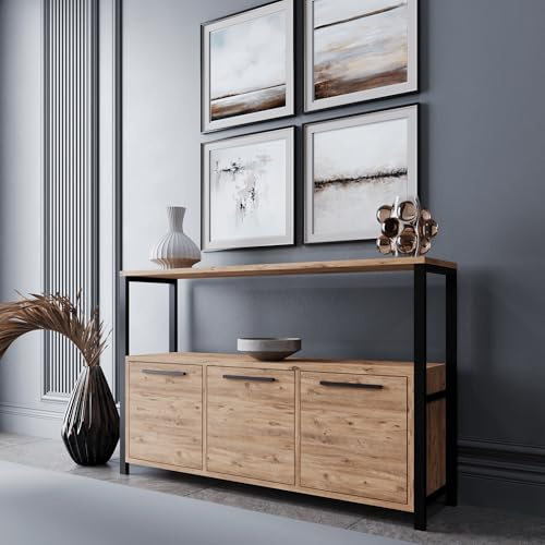 Smart Home Art Sorte Sideboard Industrial Design (120x30x77 cm) – Platzsparende Kommode & Wandtisch für schmale Flure – 3 Türen & Ablagefläche – Dekor Atlantik Kiefer/Schwarz