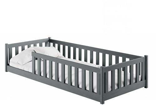 Kids Collective Kinderbett Bodenbett 80x180 cm mit Rausfallschutz & Lattenrost Montessori Bett Bed Gitterbett Kinder Jugendbett Einzelbett | Graphit | von 3. bis 12. Lebensjahr