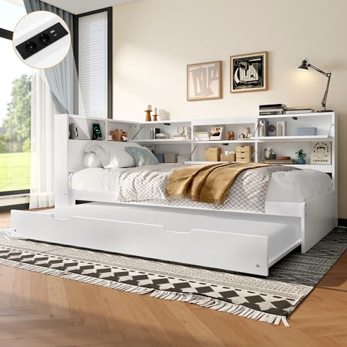 Kinderbett 90x200 cm, Einzelbett Tagesbett mit Staufach & Ladestation & Ausziehbares Bett, Stauraumbett Jugendbett Bettkasten mit Lattenrost, Bett für Erwachsene und Jugendliche, Ohne Matratze, Weiß