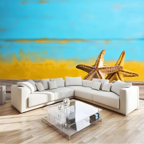 Fotomurales Papel pintado 400 x 280 cm Papel pintado tejido no tejido Decoración de Pared decorativos Murales Moderna Diseno Tabla de Madera Azul Estrella de Mar