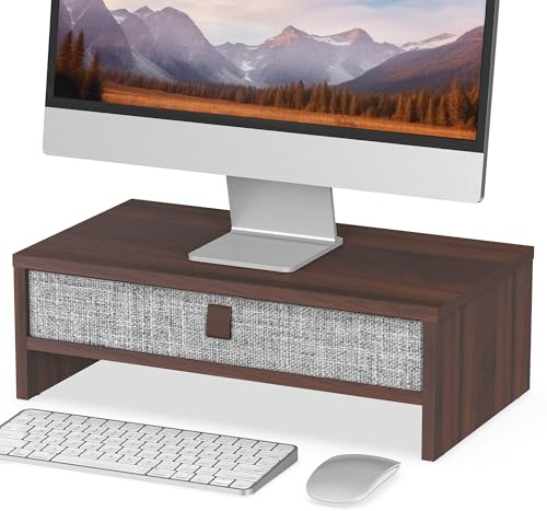Fenge Monitor Stand Riser With linen Drawer,Max Load Capacity 20KG,Brown | Computer Monitor Stand for Desk , Desktop Organizer for PC/Laptop/Printer, 42.5×23.5×14.2cm,Max Load Capacity 20KG