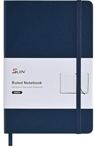 SUIN A5 anteckningsbok inbunden linjerad journal, 100 gsm tjockt papper för arbete och affärer, liggande platt läder skrivplatta med ficka och bokmärke, 192 sidor professionell anteckningsbok – blå, 1