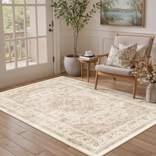 PureCozy Vintage Washable Beige Rugs for Bedroom Living Room 120x170cm, Soft Area Rugs with Non-Slip Backing, Traditional Printed Low Pile for Kitchen Office Dining Room Laundry