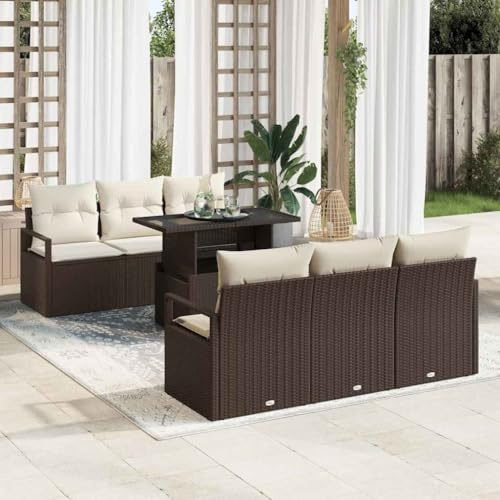 QUAHEAS Gartensofa-Set mit Kissen, 7-teilig, Braun Poly Rattan, Modulares Loungesofa mit Stauraum, Wetterfest für Terrasse & Garten