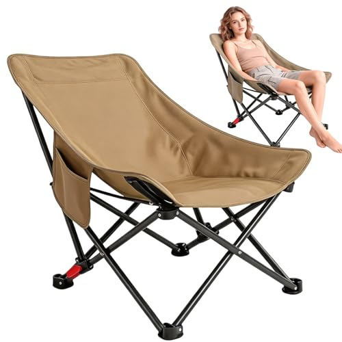 Campingstol hög rygg vikbar 120 kg, ultralätt bärbar campingstol, fällstol camping, fiskestol vikbar med 2 sidofickor, hopfällbar stol för utomhusbruk, vandring, picknick (kaki)