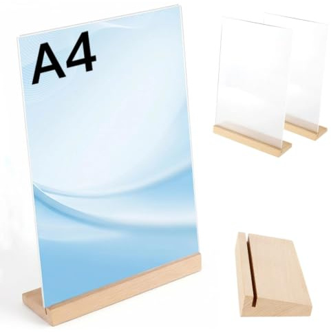 Dexpally 3 Stück Tischaufsteller A4 Holzfuß Acrylic Tischständer Acryl Aufsteller Werbeaufsteller A4 Aufsteller Schilderhalter Acrylic Table Stands A 4 (21 x 29,7cm)