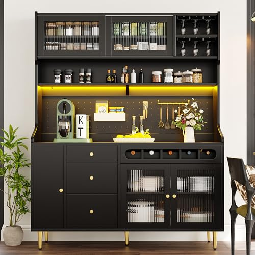 Merax Highboard Cabinet with Adjustable Shelves & LED Lights, Tall Storage Cabinet with Wine Rack & Glass Sliding Door, Freestanding Sideboard for Living Room Kitchen Dining Room, Black, 145x39x171cm