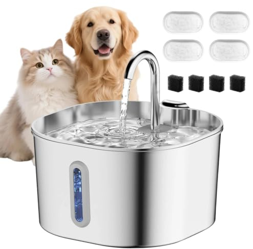 Dog Water Fountain Wireless(4L), 2L/4L/7L (2.2L+4filter element) | Stainless Steel Ultra-Quiet, Cat Water Fountain with Visible Water Level for Small Large Dogs