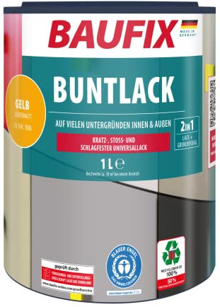 BAUFIX Buntlack gelb, seidenmatt, 1 Liter, Lackfarbe, wasserverdünnbar, für innen & außen, geeignet für Holz/Zink/Beton/Eisen/Mauerwerk