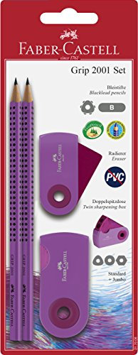 Faber-Castell 217006 - Blister con 2 matite Grip 2001, gomma e affilacoltelli, colore: Viola
