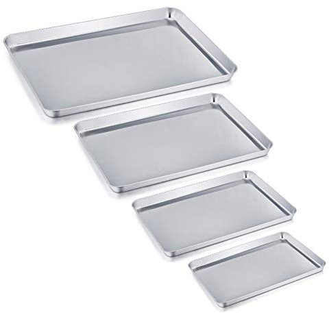 Baking Tray Set of 4, Stainless Steel Baking Sheet Pan Professional, Non Toxic & Healthy, Mirror Finish & Rust Free, Easy Clean & Dishwasher Safe