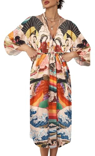 Bsubseach Femme Imprimé Ethnique Lâche Plage Kimono Cardigan Ouvert Avant Avec Ceinture Paréo Bikini Cover Up Robe de Plage Été