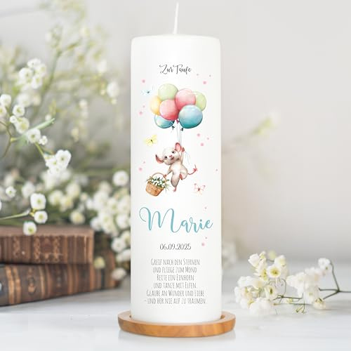 Wandtattoo Loft Taufkerze Junge oder Mädchen Motiv Maus mit Luftballon, 25cm x 8cm, personalisierte Kerze, bedruckte Kerze zur Taufe, Stumpenkerze, individuelles Taufgeschenk