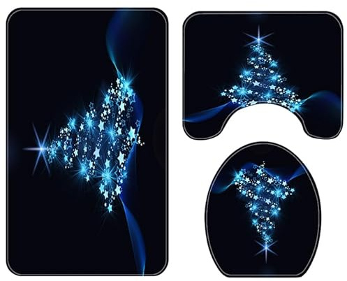 Amosfun 3 Stück Weihnachtsbadematte Set Toilettenmatte Set Anti-Rutsch-Badematte Wasserabsorbierender Toilettenteppich für Toilette Bad (Schwarz Weihnachtsbaum)