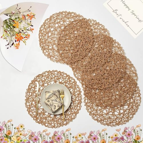 IcosaMro Braune runde Tischsets 6er Set für Esstisch, 38,1 cm Papier gewebte Boho dekorative Kreis Tischset für Hochzeit Weihnachten Erntedankfest Urlaub Abendessen, Hellkaffeebraun