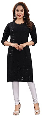 QUEEN SHIELD Indian Embroidered Kurti for Women Chikankari Rayon Cotton Long Kurti's Tunic Kurta Dresses for Women, Black