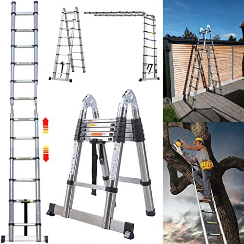 DIY Multi-Purpose Stainless Steel 3.8M Telescopic Ladder Extension Extend - Portable Foldable Ladder with Stabiliser Bar, 1.9M+1.9M Collapsible Ladder for Home, Outdoor, Office