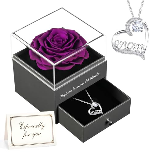 Qinqinxin Festa della Mamma Idee Regalo, Rosa Eterna con Collana Argento 925, Migliore Mamma del Mondo, Rosa Stabilizzata Vera, Regalo Mamma Compleanno, Festa della Mamma dal Daughter