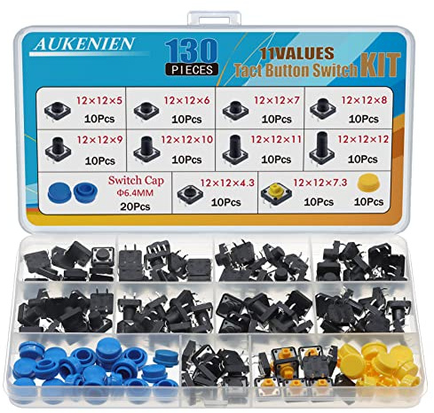 AUKENIEN 12 Werte Micro Taster 130 Stück Mikrotaster Taktiler Drucktastenschalter Microschalter 12MM x 12MM 4 poliger Tactile Push Switch Button Kit mit Taster Deckel