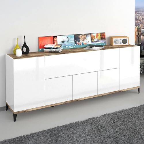 Dmora Buffet Vittorio, buffet de salon, 100 % fabriqué en Italie, 200 x 40 h 82 cm, blanc brillant et érable