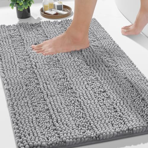 Yimobra Bathroom Rug Mat, Non Slip and Super Absorbent Bath Mat, Machine Washable Quick Dry, Ultra Plush Chenille Shower Rugs for Bathroom Floor Sink Tub and Shower Outside, Gray, 24 x 17