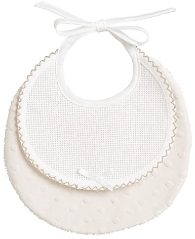 Filet - Bavaglino Tondo in Morbido Tessuto con Pois Effetto 3D con Inserto in Tela Aida da Ricamare, Chiusura con Laccetti, Made in Italy, Colore Beige