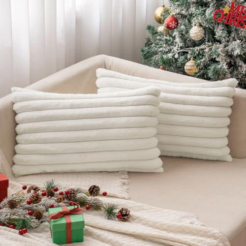 MIULEE Plüsch Kissenbezug 30x50 Weihnachten Deko Flauschige Kissenbezüge Kunstpelz Fell Sofakissen Flauschig Dekokissen Kissenhülle für Wohnzimmer Schlafzimmer Sofa Kuschelkissen Weiß 2er Set
