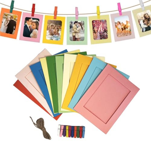 Fenglin-joy Cornice di Carta, 10 pezzi Colore Cornice di Carta Foto Cornice con mini clip di legno e corda di canapa (10 colori) Papier Fotorahmen