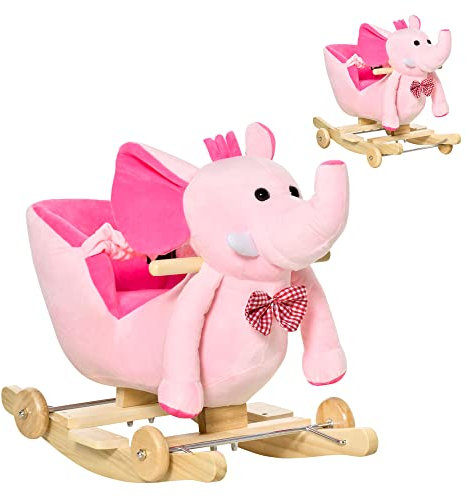 HOMCOM Caballito Balancín con Ruedas Forma de Elefante Caballo Balancín para Bebés de +18 Meses con Músicas Infantiles y Cinturón de Seguridad Carga 60 kg 60x35x45 cm Rosa