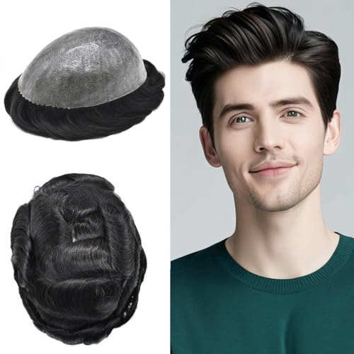 Healthlif Toupee For Men Full Poly Mens Toupee Human Hair Pieces For Men Hair Replacement System Hairpieces For Men Protesis Capilar Para Hombre 8x10#1B OFF BLACK 120% Density