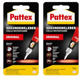 Pattex Sekundenkleber Flüssig, spülmaschinenfester Superkleber für viele Sofortreparaturen, schnelltrocknender farbloser Flüssigkleber, 2x10g