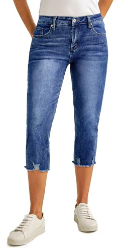 luvamia Jean Capri Pants for Women High Waisted Ripped Skinny Western Jeans Ladies Pants Blue Jean Capris for Women Womens Clothing Western Outfit Classic Blue Large Fit Size 12 / Size 14