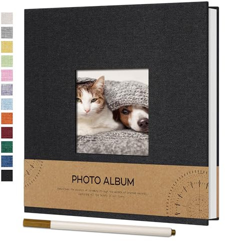 Vienrose Self Adhesive Photo Album with Picture Window for 4 x 6 Photos, Linen Cover DIY Scrap Book Album 40 White Pages for Travel, Photo Book with a Ballpoint Pen, 17 x 18 cm, Black
