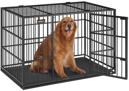 Feandrea Hundekäfig hochbelastbar, Hundebox, 122 x 75 x 80 cm, für große Hunde, mit herausnehmbarer Bodenschale, Doppeltüren, leicht zu reinigen, Haustierkäfig, tintenschwarz PPD006B01