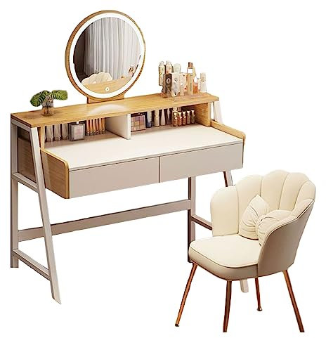 KOHARA V-Schreibtisch, Make-up-V-Tisch mit beleuchtetem Spiegel, V-Set mit moderner Schreibtischplatte, weich gepolstertem Hocker, 2 Schubladen und Doppelregalen, Spiegelhelligkeit in 3