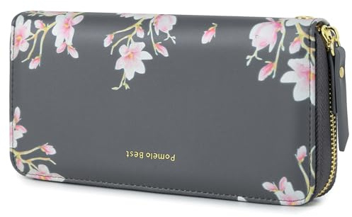 Pomelo Best Geldbörse Damen groß im Langformat Blumen Prägung Reißverschluss Portemonnaie mit RFID-Blockierung und vielen Fächern Grau