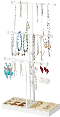 mepure Schmuckständer, 3 Tier Höhenverstellbar schmuckbaum für ketten aufbewahrung, Metall schmuckhalter mit Samt Tablett für Ohrringe, Ringe, Armbänder, Uhren, Geschenke für Frauen, weiß