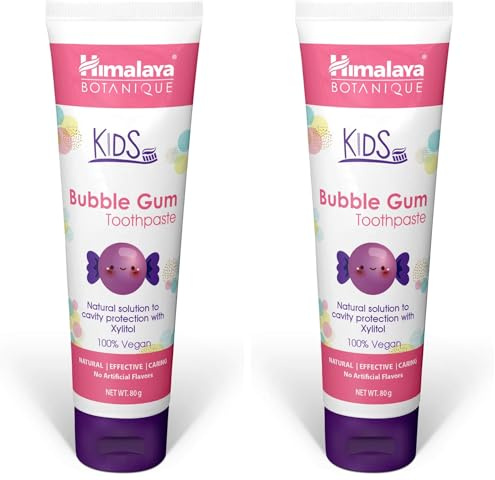 Himalaya Botanique Kids Toothpaste | Bubble Gum Flavor | Reduces Plaque and Makes Teeth Stronger | Increases Teeth-Gum Grip | Fluoride free, vegan & gluten free- 80g (Packung mit 2)